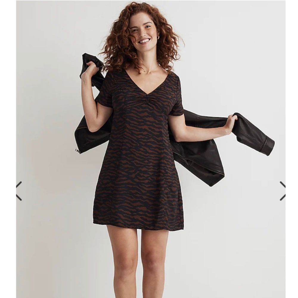 Madewell Brown & Black Animal Print Crinkle Georgette V-Neck Babydoll Dress New